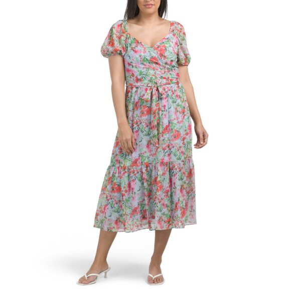 JULIA JORDAN Red Multi Surplice Waist Tie Midi Dress - Picture 1 of 2